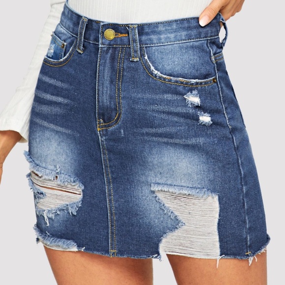Dresses & Skirts - denim distressed frayed hem mini skirt dark wash
